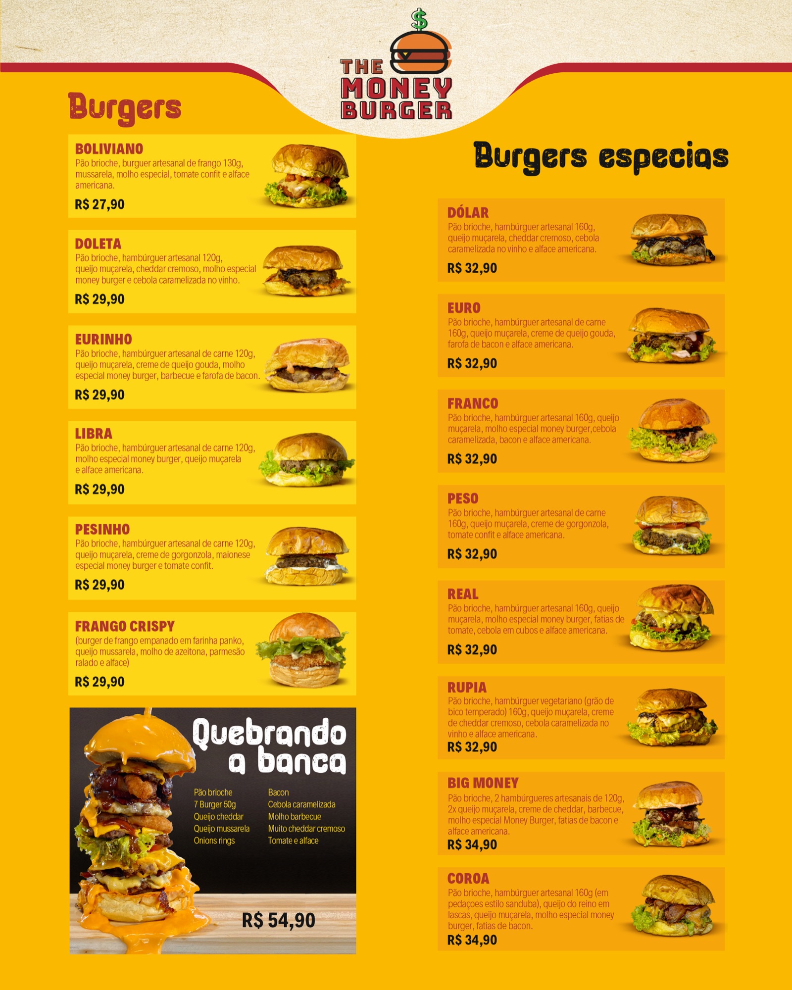 Cardápio The Money Burger - Frente
